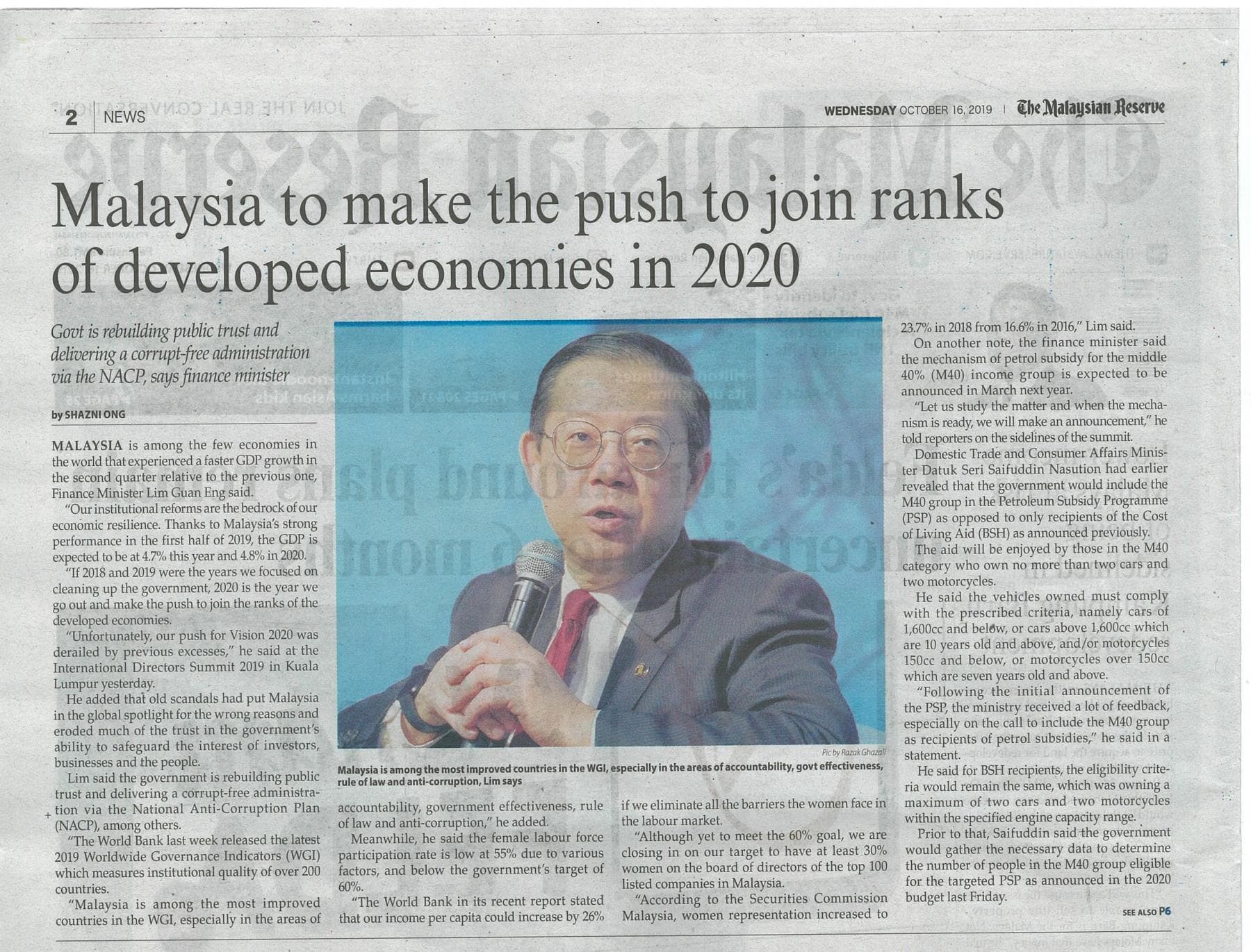 The Malaysian Reserve Malaysia to make the push to join ranks of developed economies in 2020 16 Oct 2019