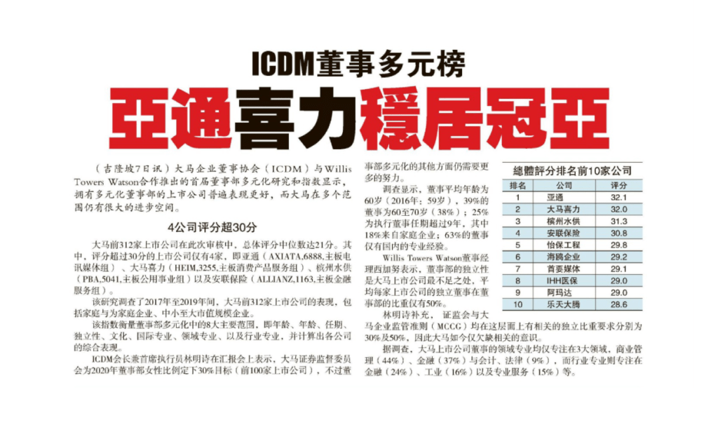 8 Apr 2021 Sin Chew Daily ICDMs Malaysia Board Diversity Index Axiata Heineken take the lead 01